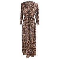 FN946N Women Leopard Printed Beach Cover Up Bikini Chiffon Cover-ups Long Sleeve Swimwear Beachwear Summer Female Sexy Long Dr