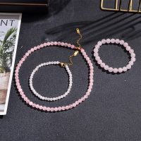 ZZOOI Rose Quartz Beaded Womens Choker Necklace Bracelet Anklet Set Stainless Steel Lobster Clasp Summer Beach Fashion Jewelry