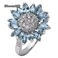 BloomHD แหวนดอกทานตะวัน Zrconia สีน้ำเงินเครื่องประดับสุภาพสตรีเครื่องประดับแฟชั่นเรียบง่ายขนาด6-11