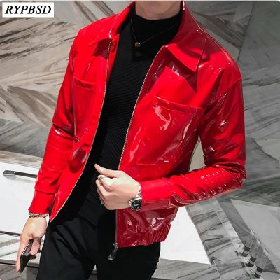 ZZOOI Shinny Leather Jacket for Men Punk Fashion Autumn Winter Red Black Singer Dance Club Party Stage Costume Men Bomber Coats