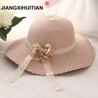 2017 summer Fashion Design Wide Brim Flowers Lace Straw Hat grils Flower Foldable Brimmed Sun Hat Summer Hats For child