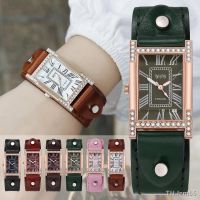 ⌚ สายหนัง Rhinestone สุดหรูของผู้หญิงหน้าปัดสี่เหลี่ยมนาฬิกาควอทซ์แฟชั่นนาฬิกาข้อมือโรมัน