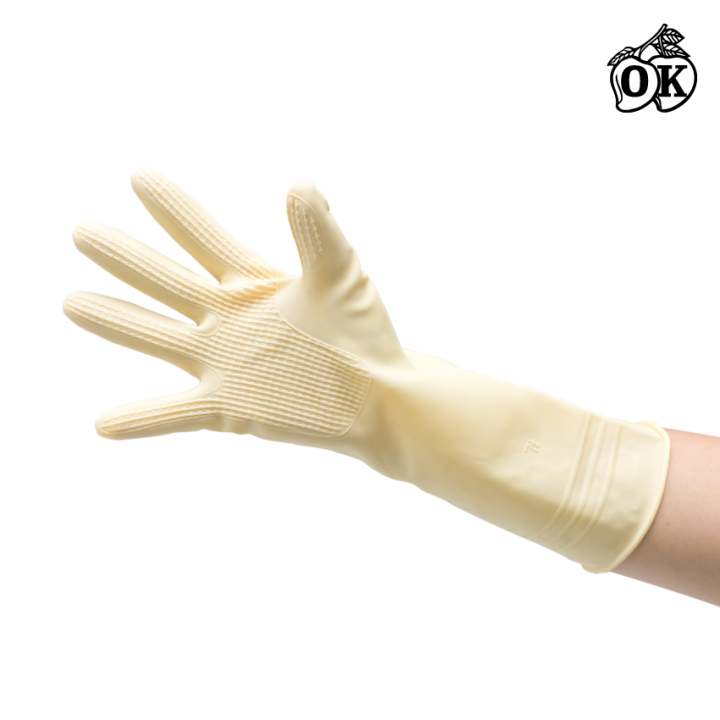 ถุงมือยางตรา-โอ-เค-o-k-rubber-gloves-ถุงมือแม่บ้านสีเนื้อ-household-gloves-ถุงมืออุตสาหกรรม-ผลิตจากยางธรรมชาติ-100-2คู่