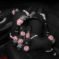 Flower Car Steering Wheel Cover Leather Car Neck Waist Pillow Universal Car Styling Headrest Cushion Pearl Tissue Box Women