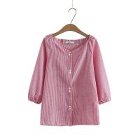 【มีไซส์ใหญ่】Plus Size XL-4XL Cotton Tops Womens Plaid Button Up Blouse One 3/4 Sleeve Spring Summer OL Blusas