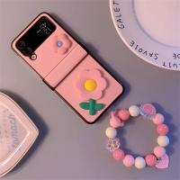 เคสสีชมพูโซ่สร้อยข้อมือลูกปัดดอกไม้3D น่ารักสุดหรูสไตล์เกาหลีสำหรับ Samsung Galaxy Z Flip 3 4 5G Z Flip4 Flip43 Zflip3ฝาหลัง