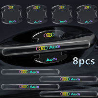 8ชิ้น Audi RS SLINE A5 A4 A6เลเซอร์สี A7 A8 Q2 Q3 Q4 Q5 A3 Q8 Q7 Q6อเนกประสงค์ที่มองไม่เห็นสติกเกอร์ที่จับประตูรถฟิล์มป้องกันประตูรถสติ๊กเกอร์ชามฟิล์มป้องกันอุปกรณ์เสริมรถยนต์