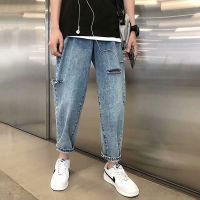 ☈✱ Summer beggars ripped nine-point pants washed trendy brand loose straight mens Japanese retro casual trousers jeans