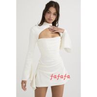 FAFA-Women´s Slim Dress, Flare Long Sleeve Hollow Out Backless Solid Color Ruched Skinny Mini Dresses QC7311625