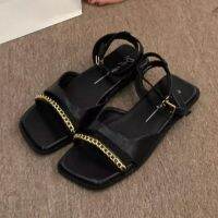 Hot sell Summer Flats Women Chain Sandals Fashion Square Toe Shoes 2023 New Trend Casual Dress Slingback Slippers Women Slides Flip-flops