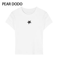 PEAR DODO เสื้อยืดแขนสั้นสำหรับผู้หญิงพิมพ์คอกลมลายดาวแนววินเทจสไตล์เกาหลี