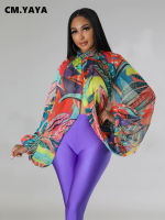 Cm.yaya Women Fashion Gradient Printed Batwing Long Sleeve Front Split See Though Loose Sexy Party Club Blouse And Shirt Tops...