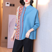 Women T-shirts tops Miyak Pleated SpringAutumn Printed Retro Button Batwing Sleeve Loose Large Size Female Tees