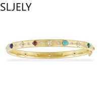 SLJELY Fashion S925 Sterling Silver Yellow Gold Color Roma Dainty Multicolor Stone Bangle Women Monaco Brand Bracelet Jewelry