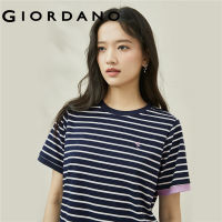 GIORDANO Women T-Shirts Small Embroidery Contrast Color Stripe Fashion Tee Crewneck Short Sleeve Stretch Casual Tshirts 18323616