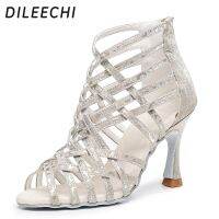 DILEECHI New Print Material Latin Dance Boots Women Light Gold Flash Salsa Party Ballroom Dancing Shoes High Cuba Heel 9cm