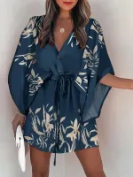 V-Neck Flared แขนยาวบิกินี่สำหรับสตรี Navy หลวม Lace Up Holiday Beach Tunic 2023ฤดูร้อนชุดมินิเดรส Beachwear