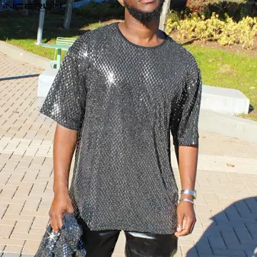 Mens Glitter Sequin T-shirt Stage Performance Shiny Top Hip Hop