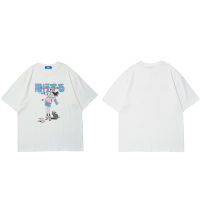 Hip Hop Cartoon Girl Cat Japanese Kanji Print T Shirt Streetwear Harajuku T-Shirt  Men Summer Short Sleeve Tshirt Tops Tees