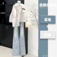 Casual fashion suit for women 2023 new large size fat mm salt style irregular shirt and jeans two-piece set