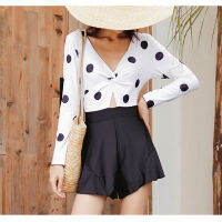 ผู้หญิง One-Piece Polka Dot ชุดว่ายน้ำแขนยาวรวบรวม Slimming ลึก V คอ Seaside Beach ชุดว่ายน้ำท่องน้ำพุร้อนชุดว่ายน้ำ MM072