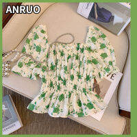 Anruo เสื้อแขนพองสไตล์ฝรั่งเศสสำหรับผู้หญิง,เสื้อชีฟองอกดีไซน์ใหม่เซ้นส์เฉพาะดอกไม้หวานสดใสเอวบางเอวเล็กเสื้ออเนกประสงค์