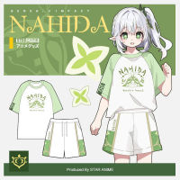 เกม Genshin ผลกระทบ Nahida คอสเพลย์เสื้อยืดกางเกงขาสั้นเครื่องแต่งกายนักเรียนสาวฤดูร้อนหลวมแขนสั้นท็อปส์ Streetwear เสื้อผ้าลำลอง