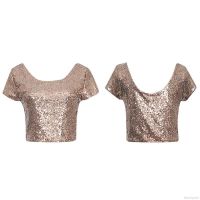 Sequined Backless O Neck Short Sleeve Crop Top