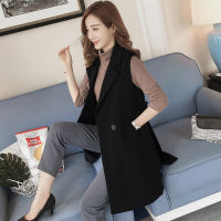 New Korean Fashion Split Long Womens Vest Spring Elegant Black Sleeveless Jacket Female Solid Cardigan Waistcoat Vests Colete