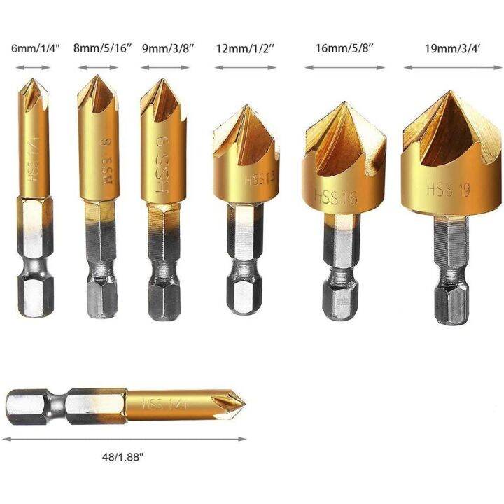 รูสกรูตัด5ร่องเจาะซิงค์เคาน์เตอร์บิตงานไม้6ชิ้น-hex-6-19mm-countersink-เครื่องมือบิต1-4-chamfer-hex