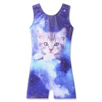 BAOHULU Ballet Leotards for Girls Gymnastics with Shorts Unitards Galaxy Cat Pattern Print Biketards Kids Dance Wear Costumes