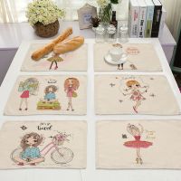 1Pcs Cute Girl Cotton Linen Pad Pattern Kitchen Placemat Kawaii Coaster Bowl Cup Mat Dining Table Mats 42x32cm Home Decor PM0044