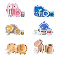 5 Pcs Cute Cartoon Animals Bamboo Fiber Kids Baby Children Solid Feeding Dinnerware Tableware Set Plate Bowl Cup Fork Spoon