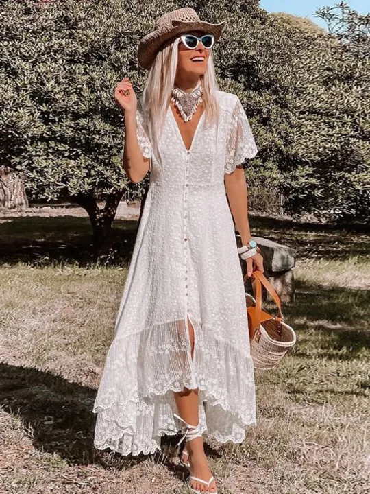 Boho Dress Women Summer Maxi Dress Lady Off Shoulder Holiday Lace