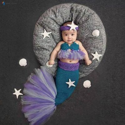 Crochet Knit Newborn Mermaid Tail Costume Set Baby Photography Props Infant Studio Accessories