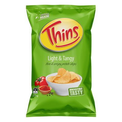Thins Light and Tangy Thin&Crispy Potato Chips 175g. ทินส์มันฝรั่งแผ่นทอดกรอบรสไลท์แอนด์แทงจี้ ขนาด 175 กรัม (9294)