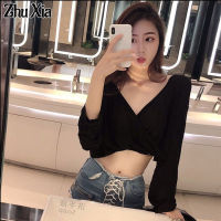 Zhu Xia เสื้อยืดคอวีเปิดหลังเซ็กซี่สำหรับผู้หญิง,เสื้อครอปสีทึบโชว์สะดือทรงหลวม