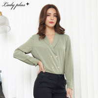 Lady Plus เสื้อคอปกแต่งกระดุมคู่ | Double Button Blouse เสื้อแขนยาว เสื้อแขนยาว สีเขียวพาสเทล