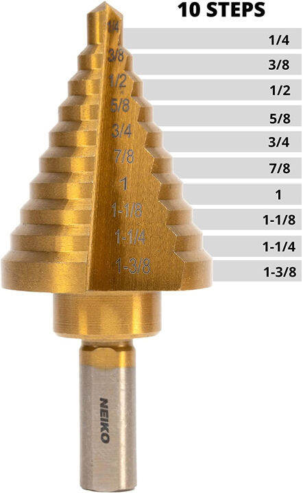 neiko-10194a-titanium-step-drill-bit-high-speed-steel-1-4-to-1-3-8-total-10-step-sizes-1-4-1-3-8