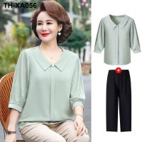 ▤ Moms summer dress fashion chiffon two-piece set 2023 new middle-aged and elderly womens spring foreign style T-shirt top