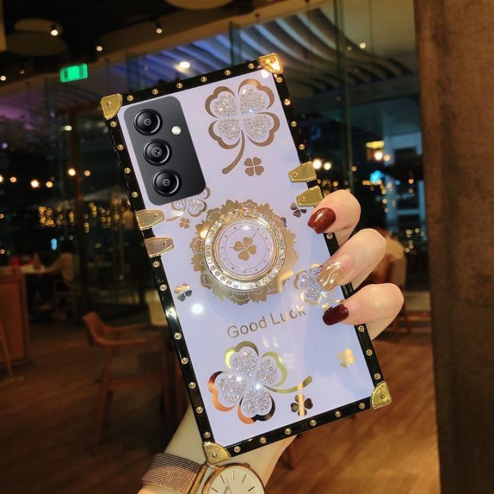 เคสฝาหลังสำหรับ-samsung-galaxy-a14-a24-a54-5g-4g-lte-2023เคสโทรศัพท์สำหรับผู้หญิงเคสมีที่ยึดจับ-tpu-นิ่มกันกระแทกกันการกระแทกเคสลายดอกไม้บานโคลเวอร์