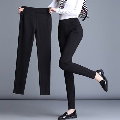 กางเกงใส่ทำงานผู้หญิง ผ้ามันเกาหลี ทรงสกินนี่ เนื้อผ้าดีใส่สบาย ยืดทั้งตัว ไม่มีซิบ มีกระเป๋าข้างและกระเป๋าหลัง (ซ้าย-ขวา)