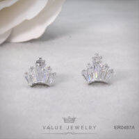 แบบแป้น ลายมงกุฎ ประดับเพชรCZ ทรงบาเก็ต ขนาดกระทัดรัด ไม่ลอก ไม่ดำ Value Jewelry ER0487 กว้าง1.1cmยาว1cm