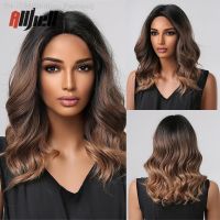 Medium Long Synthetic Ombre Black Brown Wig Middle Part Water Wave Wigs for Black Women Heat Resistant Cosplay Daily Wig [ Hot sell ] Gktinoo Fashion