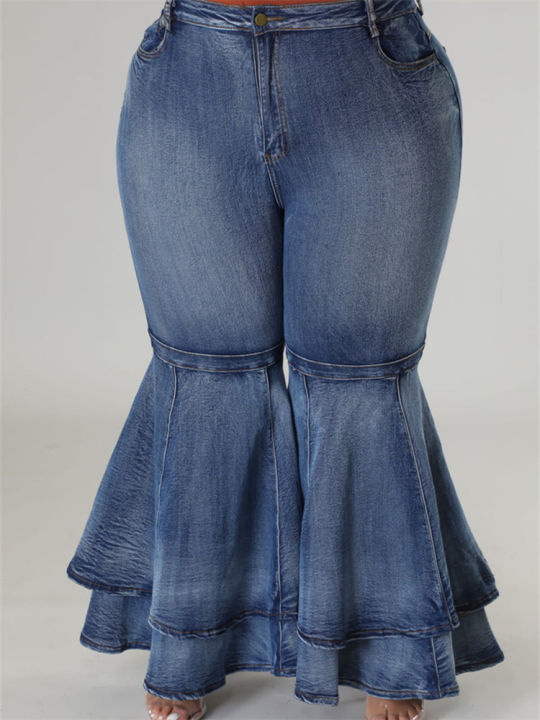 plus-ขนาดกางเกงยีนส์ผู้หญิงลำลองสูงเอว-flare-flared-กางเกงด้านล่าง-ruffled-hem-แฟชั่น-denim-streetwear-ขายส่ง-dropshpping