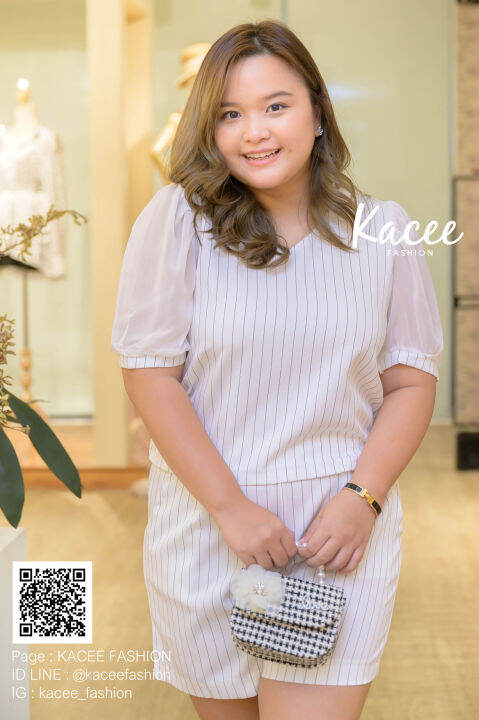 เซทเสื้อลายทางแขนสั้นชีฟองอก38-กางเกงขาสั้นสม็อค-k010-plus-size