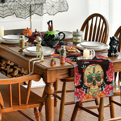 ผ้าลินินพิมพ์ลายดอกดาวเรืองกะโหลกศีรษะผ้าปูโต๊ะผ้าปูโต๊ะผ้าปูโต๊ะสำหรับโต๊ะกาแฟ