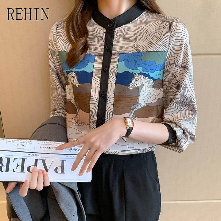 rehin-ของผู้หญิงฤดูใบไม้ร่วงใหม่ลำลองชนยืนปกเสื้อแขนยาวซอกพิมพ์เสื้อหรูหรา