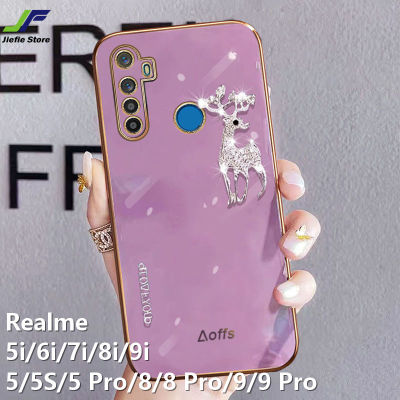 JieFie Elk Deer Diamond เคสโทรศัพท์สำหรับ Realme 5i / 6i / 7i / 8i / 9i / 5 / 5S / 5 Pro / 7 / 7 Pro / 8 / 8 Pro / 9 / 9 Pro / 10 / 10 Pro แฟชั่น Chrome ชุบ TPU Square ปลอกหุ้มหลัง