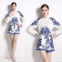 women New Two-Piece set Spot Real Shot-Womens Suit Mature Elegant Lantern Sleeve Printed Shirt+  Pants Shorts Two-Piece Suit